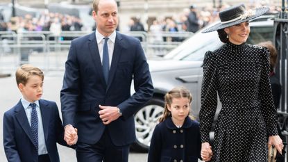 Prince George of Cambridge, Prince William, Duke of Cambridge, Princess Charlotte of Cambridge and Catherine, Duchess of Cambridge depart the memorial service for the Duke Of Edinburgh at Westminster Abbey on March 29, 2022 in London, England