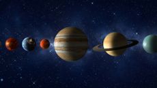 An illustration of the planets in our solar system lined up against a blue starry background, with Venus then Earth, Mars, Jupiter, Saturn and Uranus