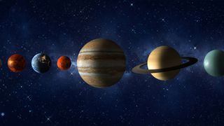 An illustration of the planets in our solar system lined up against a blue starry background, with Venus then Earth, Mars, Jupiter, Saturn and Uranus
