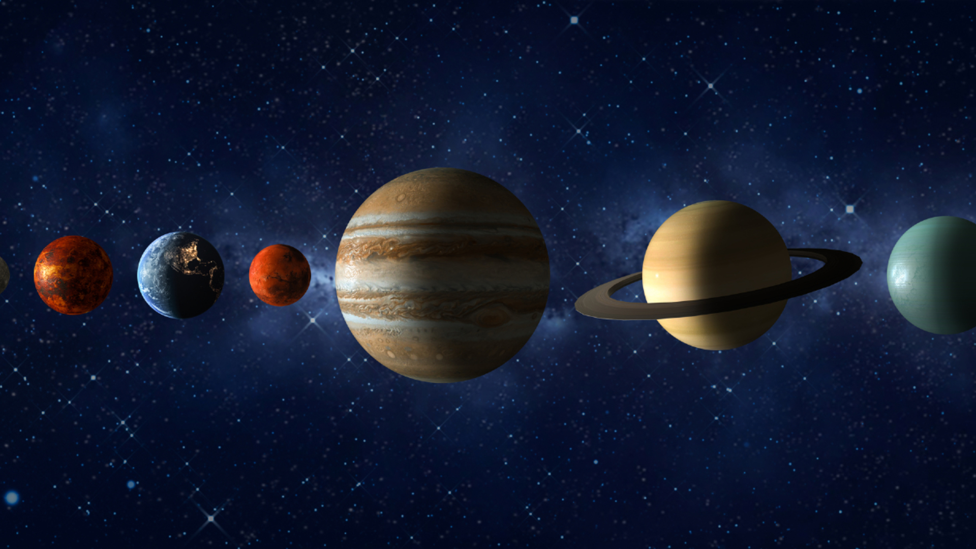 An illustration of the planets in our solar system lined up against a blue starry background, with Venus then Earth, Mars, Jupiter, Saturn and Uranus