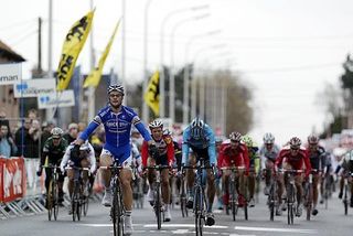 Iljo Keisse (Chocolade-Jacques) finishes third behind Tom Boonen (Quick.Step-Innergetic) at the 60th Kuurne-Bruxelles-Kuurne in Belgium on March 4, 2007. The podium finish in a major Belgian road race gives the track specialist hopes for more big results on the road.