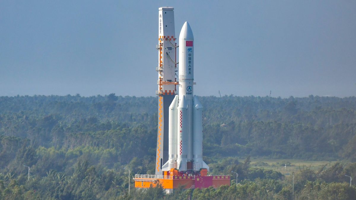 A Long March 5B heavy-lift rocket and the Mengtian space lab at the Wenchang Spacecraft Launch Site on October 25, 2022 in Wenchang, Hainan Province of China.