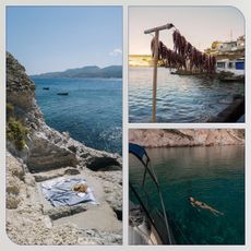 a collage of images featuring landscapes in Milos, Greece