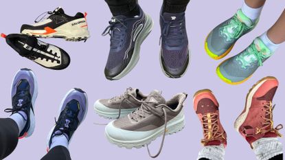 Grace Walsh and Susan Griffin wearing pairs of the best walking shoes from Hoka, Columbia, Teva, Altra, and Salomon