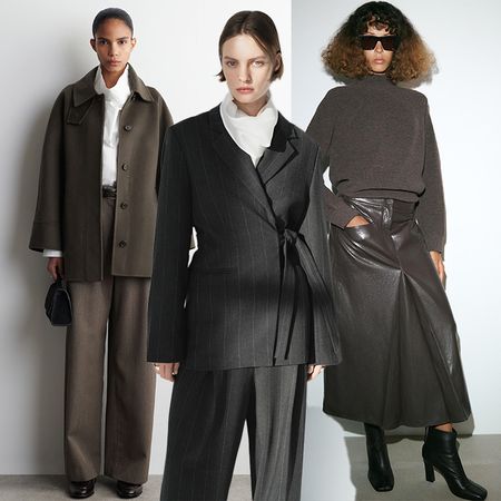 From left to right. One model wears white shirt, coat and trousers. The next model wears a pinstripe set with a white shirt under it. Last model wears gray sweater with pleated leather skirt and boots. 