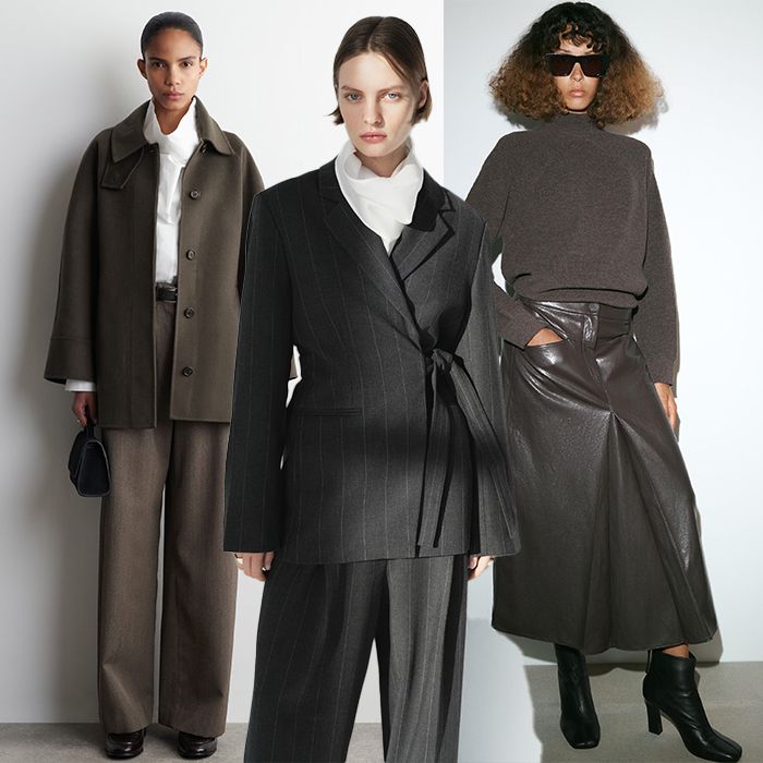 From left to right. One model wears white shirt, coat and trousers. The next model wears a pinstripe set with a white shirt under it. Last model wears gray sweater with pleated leather skirt and boots. 
