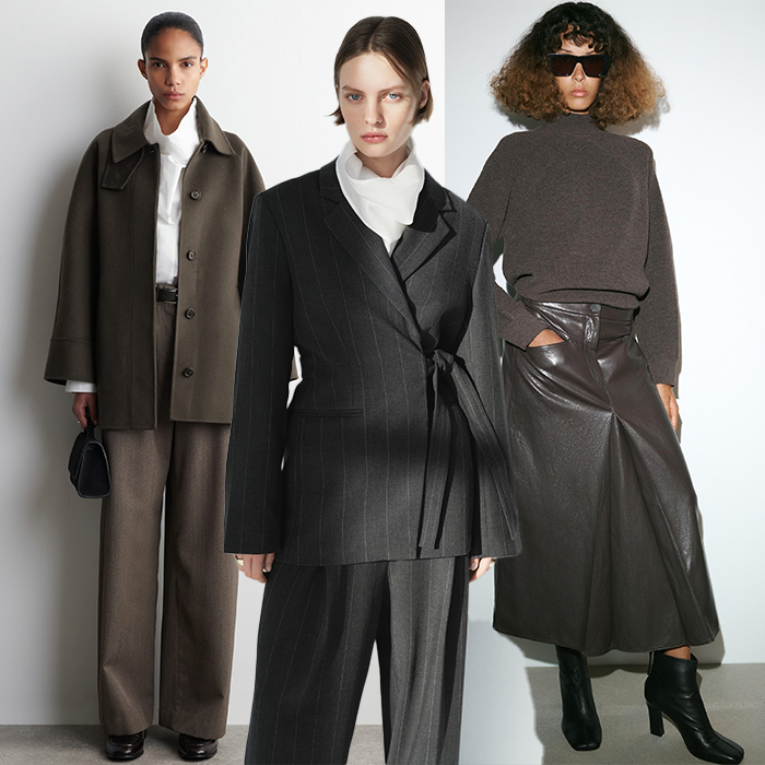 From left to right. One model wears white shirt, coat and trousers. The next model wears a pinstripe set with a white shirt under it. Last model wears gray sweater with pleated leather skirt and boots. 