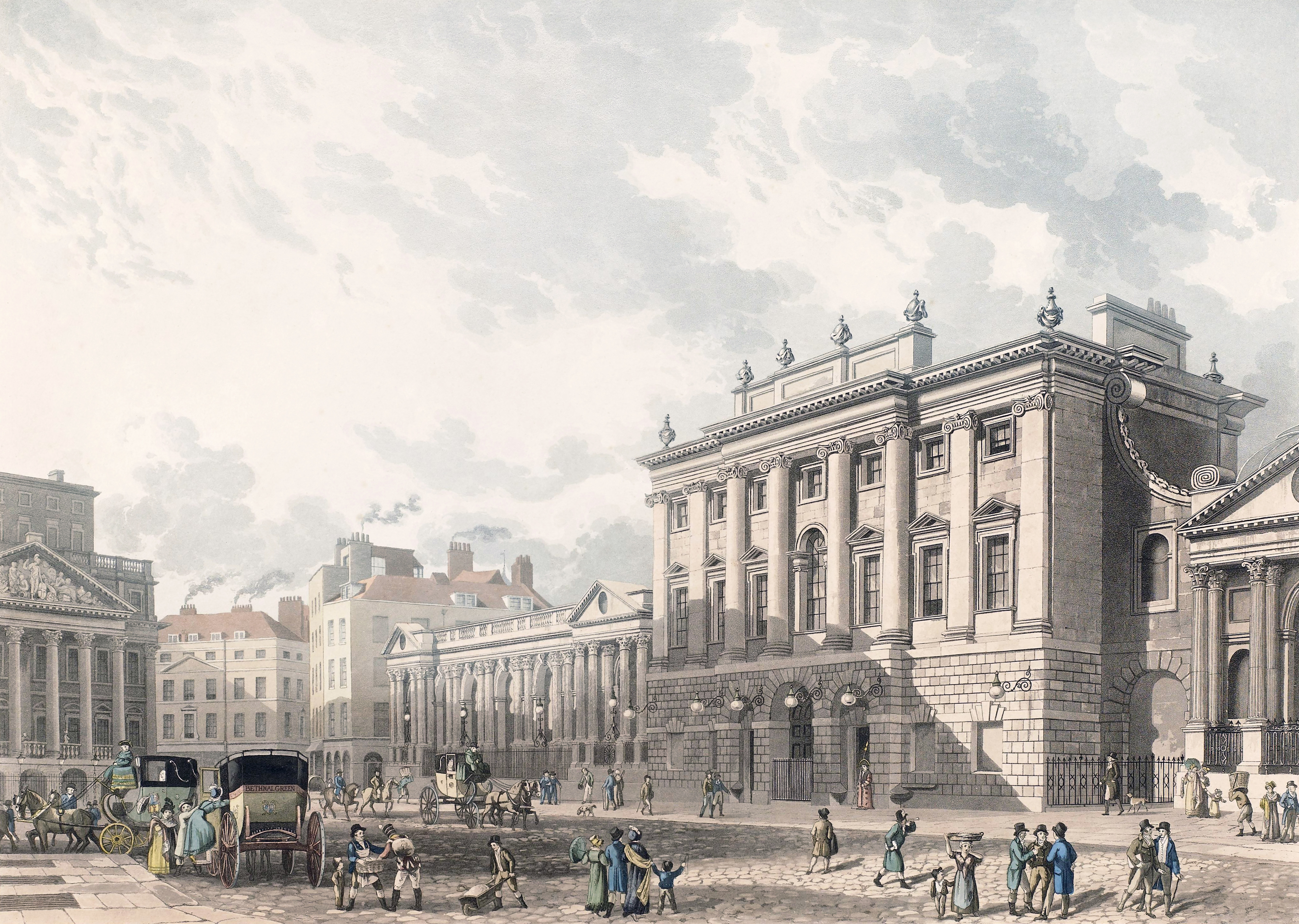 A View of the Bank of England, London, in the early 19th century. From an engraving by Daniel Havell dated 1816, after Thomas Homer Shepherd.