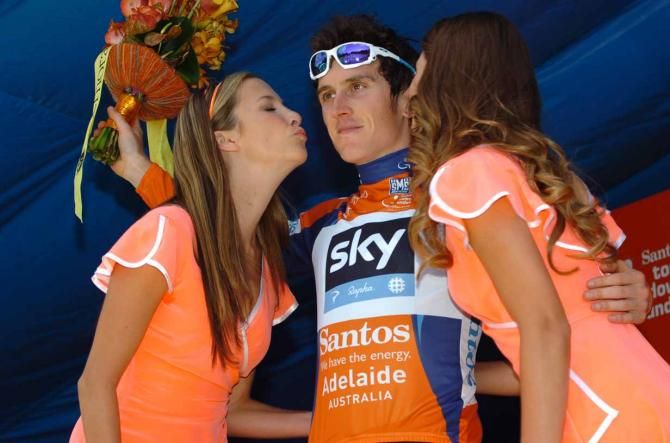 Geraint Thomas (Sky) is feted on the podium at the Tour Down Under.