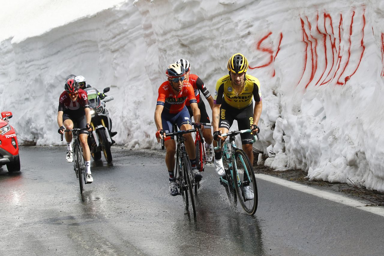 Vincenzo Nibali rides aside Primoz Roglic on the final climb