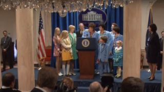 The Brady Bunch posing with the President in The Brady Bunch In The White House