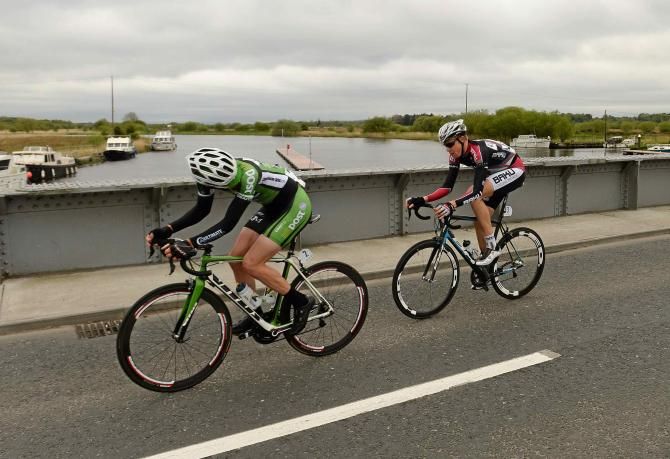 Ronan McLaughlin (An Post Chain Reaction) Rico Rogers (Synergy Baku) cross the River Shannon in Portumna on Stage 2 of the Ras