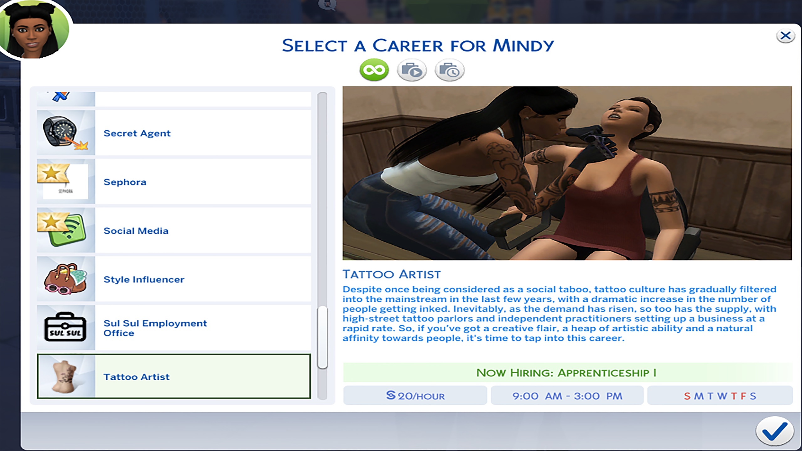 The Sims 4 - Tattoo Career mod showing the job selection screen for a tattoo artist which earns 20 simoleons an hour three days a week.