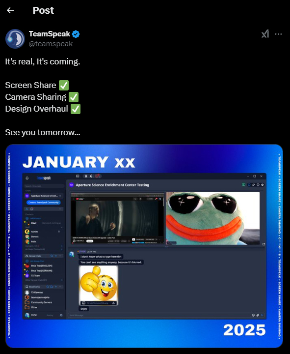 TeamSpeak's X account revealing its new design overhaul.