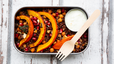 Quinoa salad with slices of pumpkin in lunchbox with wooden fork