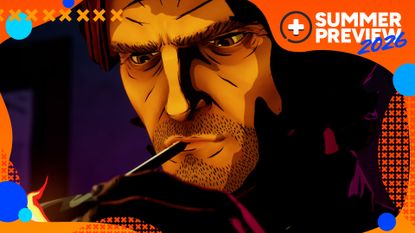 Bigby is illuminated by a lighter in The Wolf Among Us 2, with the orange GamesRadar+ Summer Preview 2026 frame