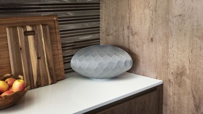best bluetooth speaker Bowers & Wilkins Formation Wedge in grey on white kitchen counter