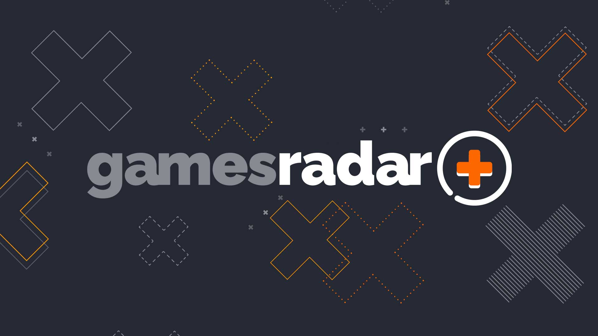 The new GamesRadar+ logo on a dark background adorned with crosses in orange and grey