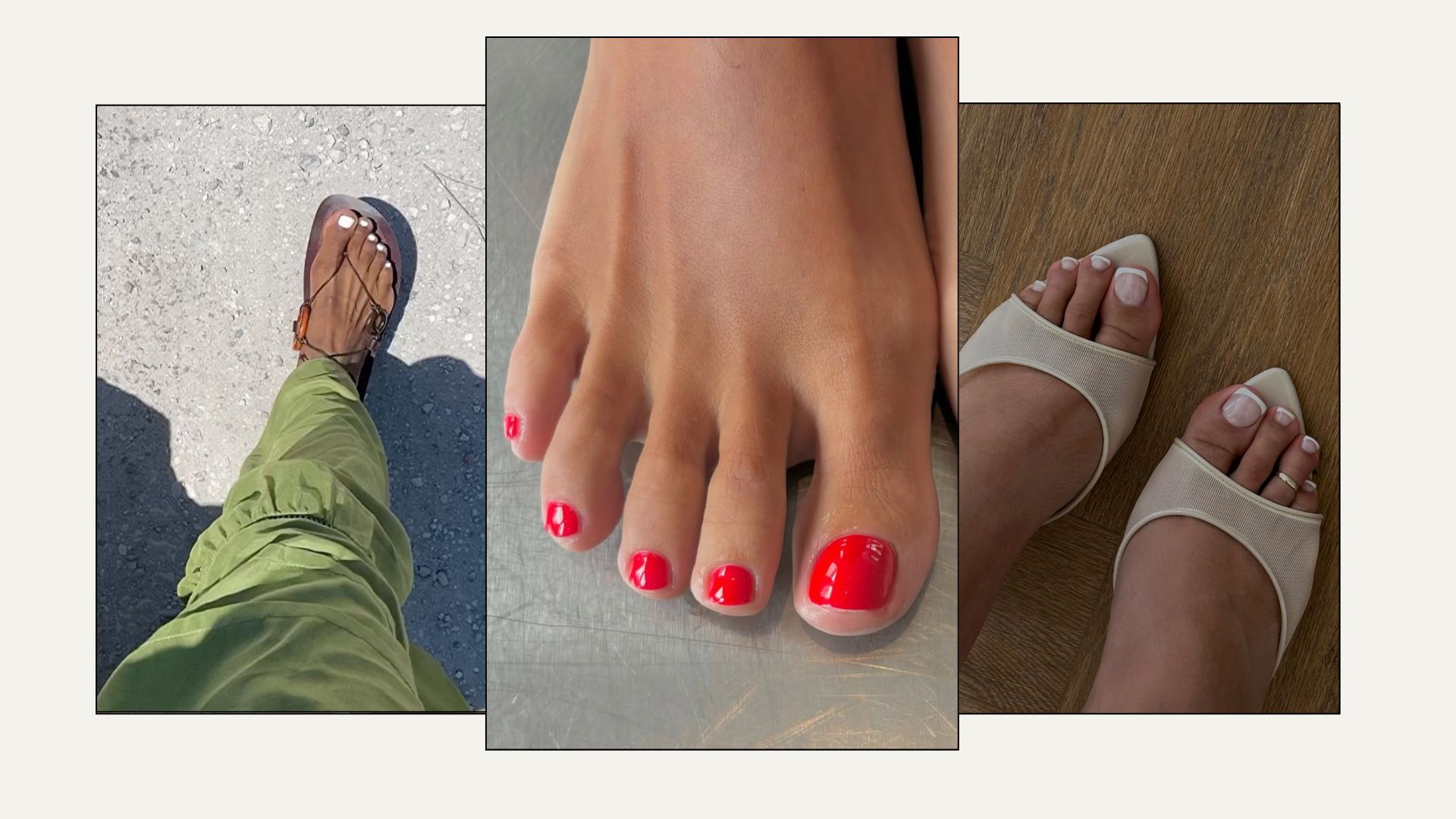 A collage of pedicure colours, from white to red and a milky French pedicure