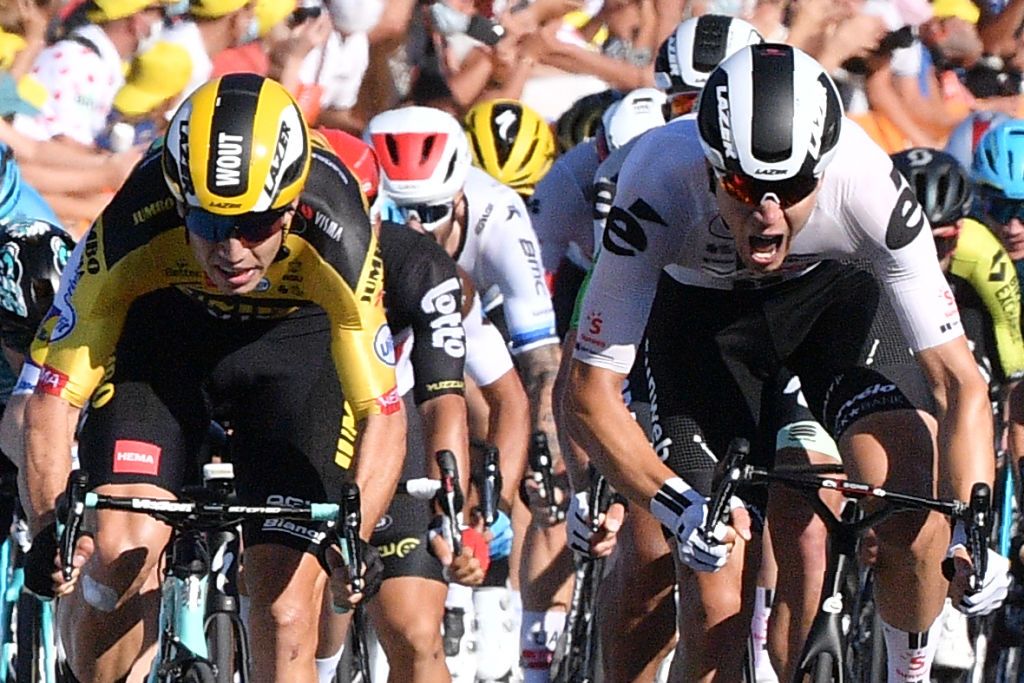 Team Jumbo rider Belgiums Wout van Aert CL sprints to cross the finish line ahead of Team Sunweb rider Netherlands Cees Bol CR at the end of the 5th stage of the 107th edition of the Tour de France cycling race 185 km between Gap and Privas on September 2 2020 Photo by AnneChristine POUJOULAT various sources AFP Photo by ANNECHRISTINE POUJOULATAFP via Getty Images