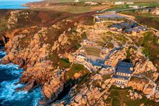 An aerial view of the Minnack Theatre at Porthcurno beach in Cornwall.