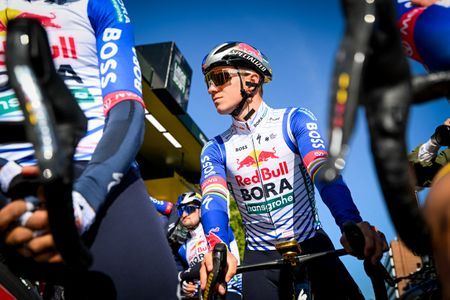Red Bull-BORA-hansgrohe's Belgian rider Remco Evenepoel waits for the start of the men elite race of the Liege-Bastogne-Liege UCI World Tour one day cycling race, 259,5km from Liege, over Bastogne to Liege, on April 26, 2026. (Photo by MAARTEN STRAETEMANS / Belga / AFP via Getty Images) / Belgium OUT