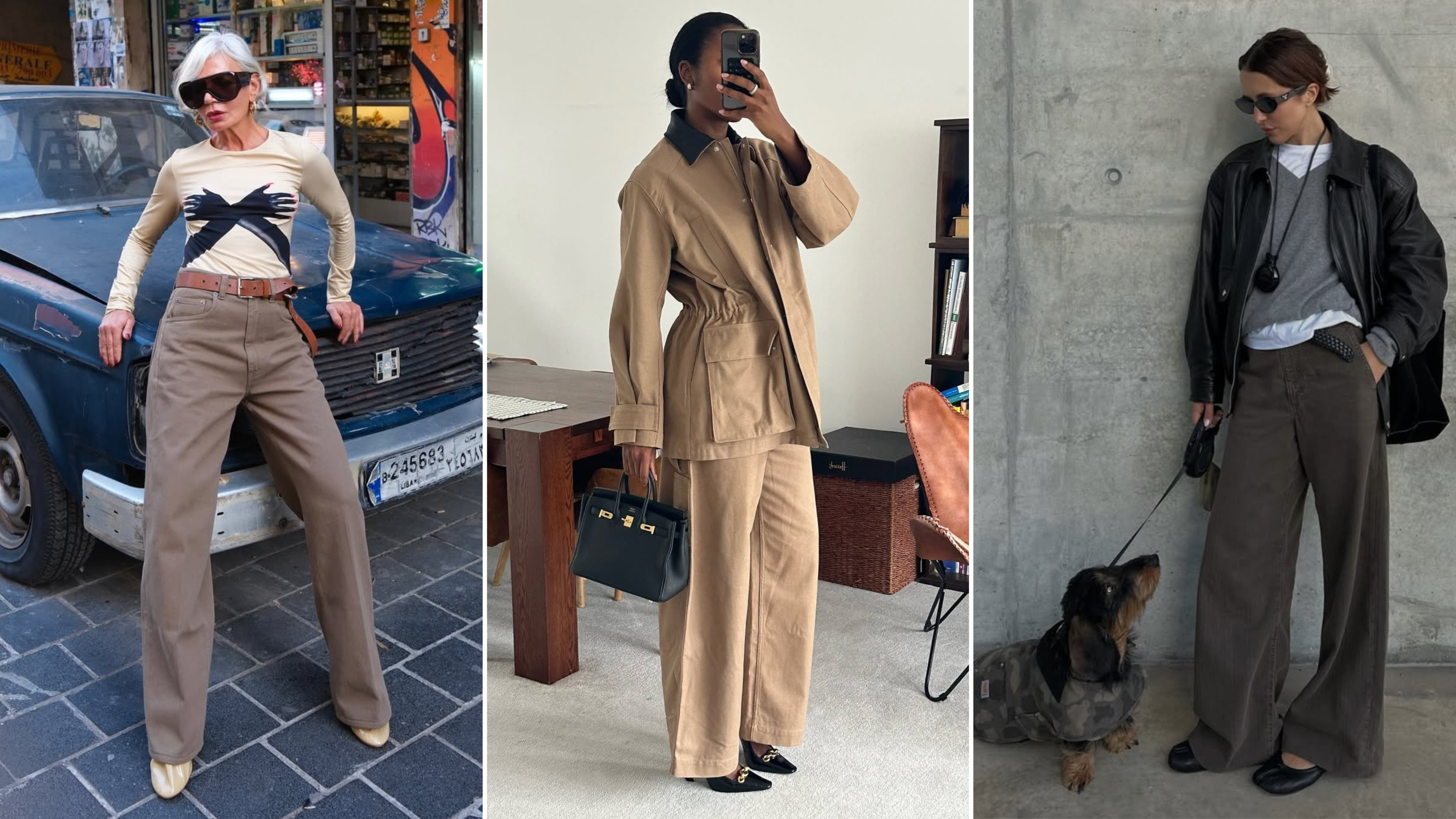 three women wear brown jeans outfits