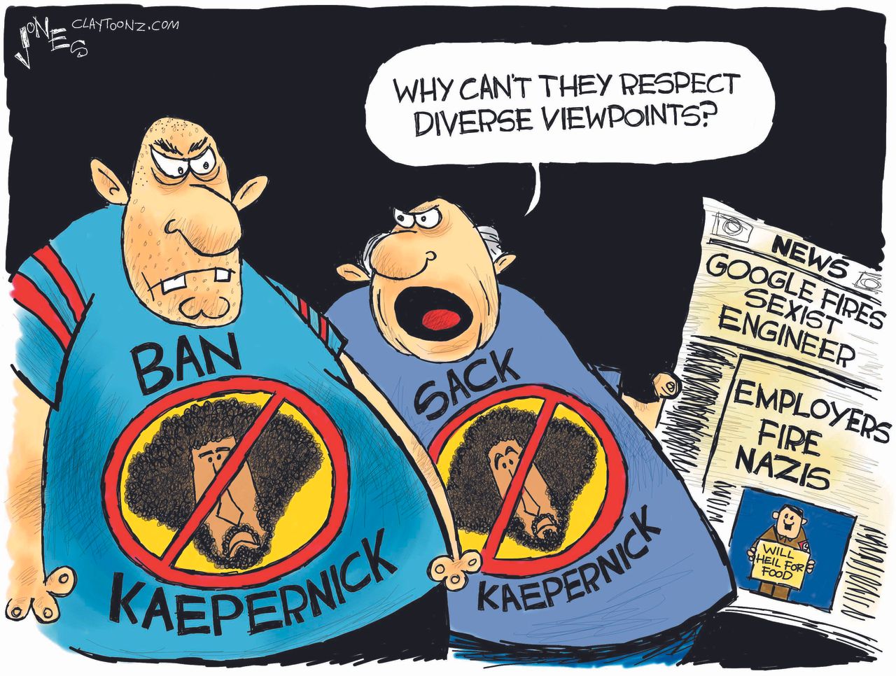 Political cartoon U.S. White supremacy sports racism Kaepernick national anthem