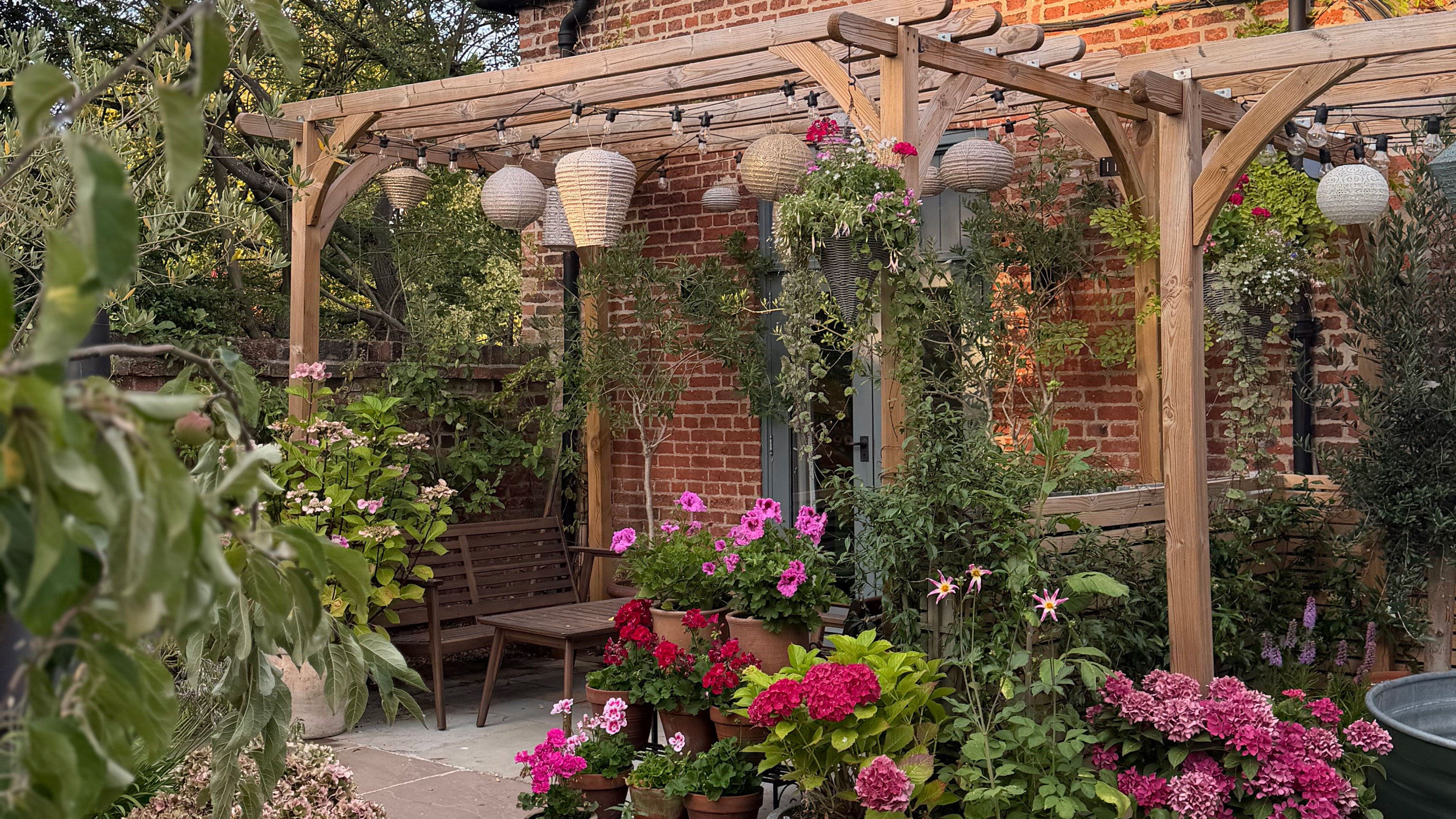 Wooden pergola with plants around it and lanterns