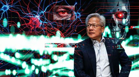 Jensen Huang of NVIDIA with AI imposed in the background