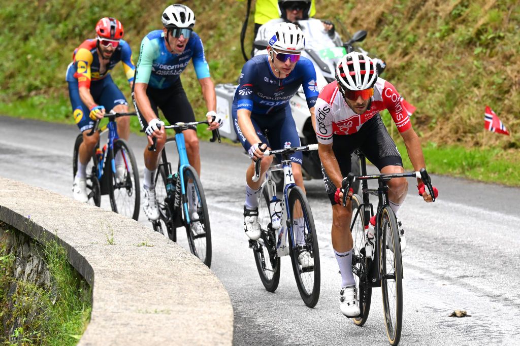 LELIORAN FRANCE JULY 10 LR Julien Bernard of France and Team Lidl Trek Bruno Armirail of France and Decathlon AG2R La Mondiale Team Romain Gregoire of France and Team Groupama FDJ and Guillaume Martin of France and Team Cofidis competes in the breakaway during the 111th Tour de France 2024 Stage 11 a 211km stage from EvauxlesBains to Le Lioran 1239m UCIWT on July 10 2024 in Le Lioran France Photo by Tim de WaeleGetty Images