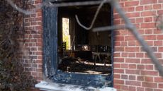 HARRISBURG, PENNSYLVANIA - APRIL 13: Extensive fire damage to the Pennsylvania Governor's Mansion and Gov. Josh Shapiro's residence is seen during a press conference on April 13, 2025 in Harrisburg, Pennsylvania. Authorities have one suspect, Cody Balmer, in custody and say that the suspect accessed the property from a fence in the back.