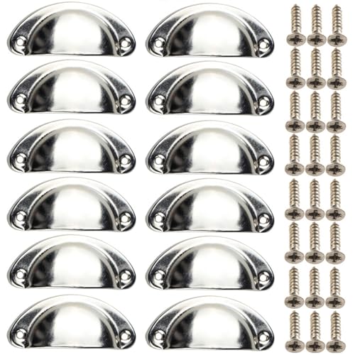 Beilala Shell Cup Handles Silver, 12 Pack Antique Kitchen Cabinet Pulls, Furniture Door Hardware Knobs With Screws for Chest of Drawers Cupboard Dresser Wardrobe