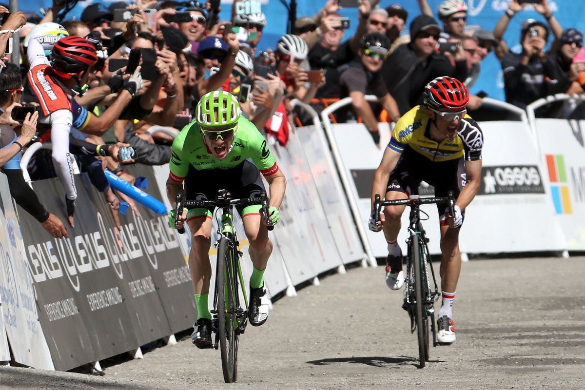 Andrew Talansky (Cannondale-Drapac) gets the better of Rafa Majka in the sprint for the win