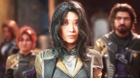 A dark haired character from Clair Obscur: Expedition 33 stands in the sunlight looking upward with her allies standing behind her