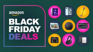 A selection of products on a green background next to text that reads 'Amazon Black Friday deals'