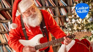 Santa Claus in the library celebration concept playing guitar