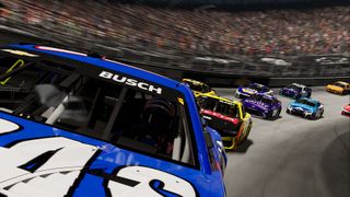 A screenshot from NASCAR 26 at the Bristol Night Race looking back at Kyle Busch. 