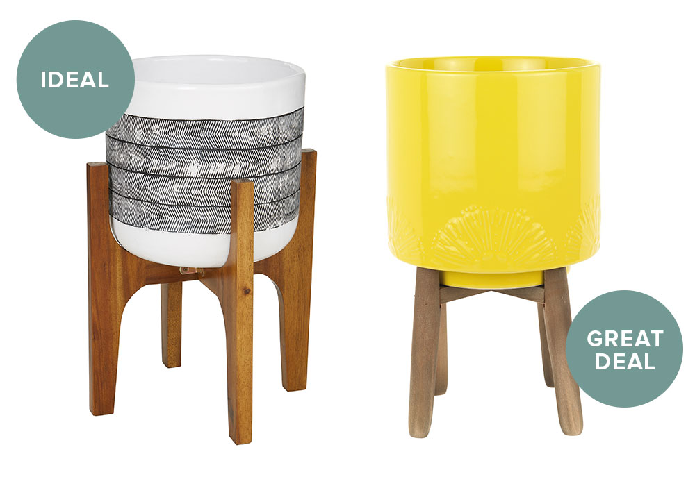 planter in colourful design with wooden stand