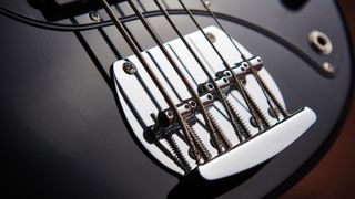 Bass bridge on a Sterling by Music Man Sting Ray 5 bass guitar