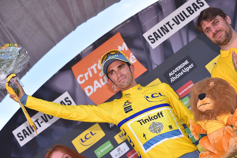 Alberto Contador in yellow on the podium after stage 1 at Criterium du Dauphine