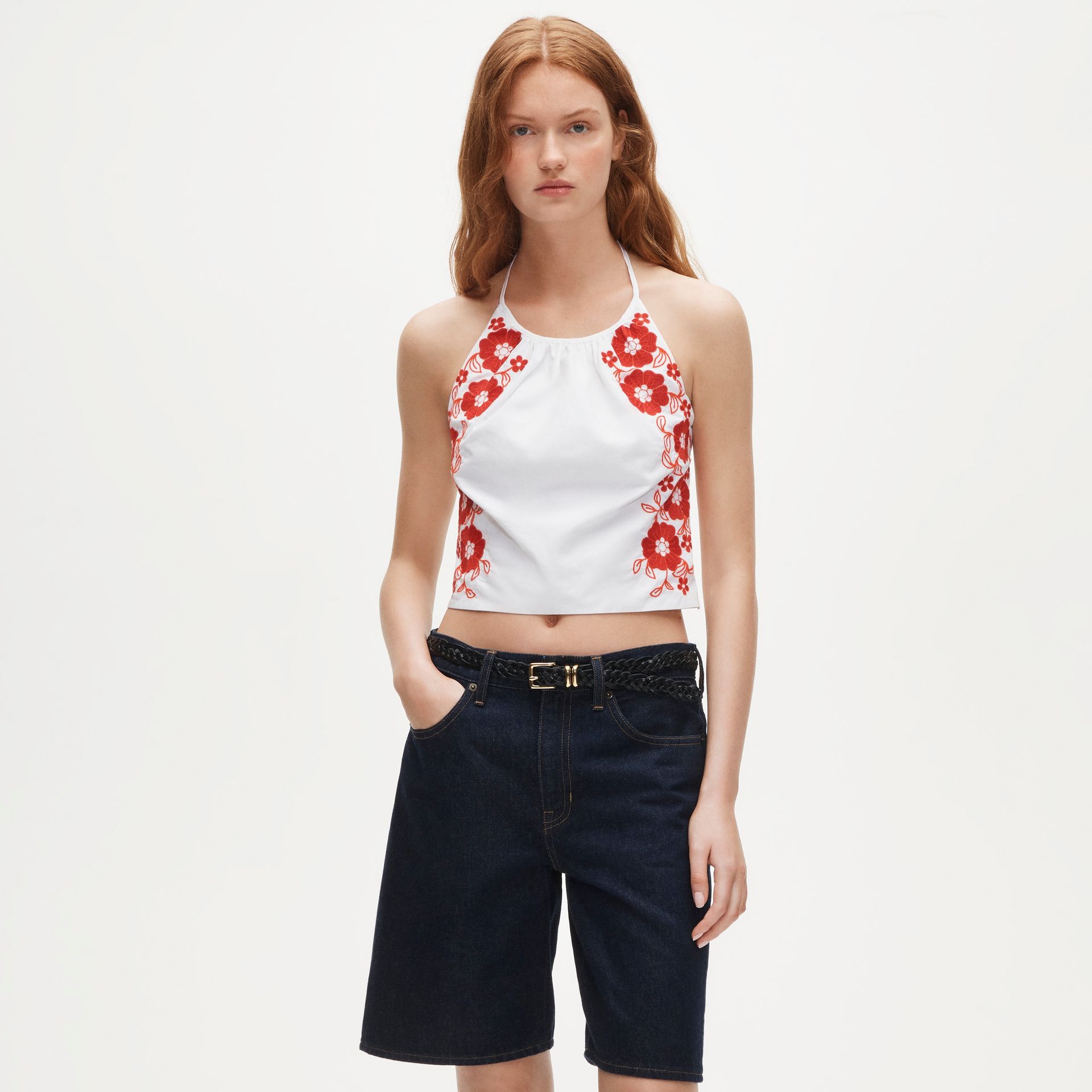 Halter Tank Top With Floral Embroidery