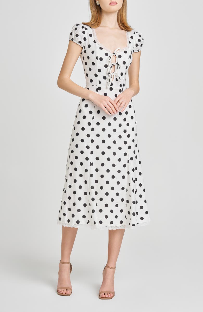 Cara Polka Dot Cap Sleeve Linen Blend Midi Dress