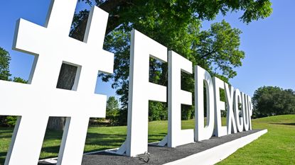 FedEx Cup signage is seen during the first round of the 2022 Charles Schwab Challenge 