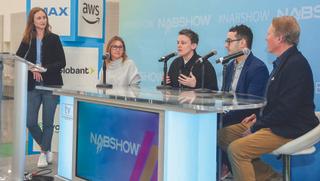 From left, moderator Hannah Taylor, The Lippin Group, and panelists Sara Rea, Hello Sunshine; Lauren Fisher, Religion of Sports; Trevor Gill, Vice TV; and Whit Jackson, Wasabi Technologies. 