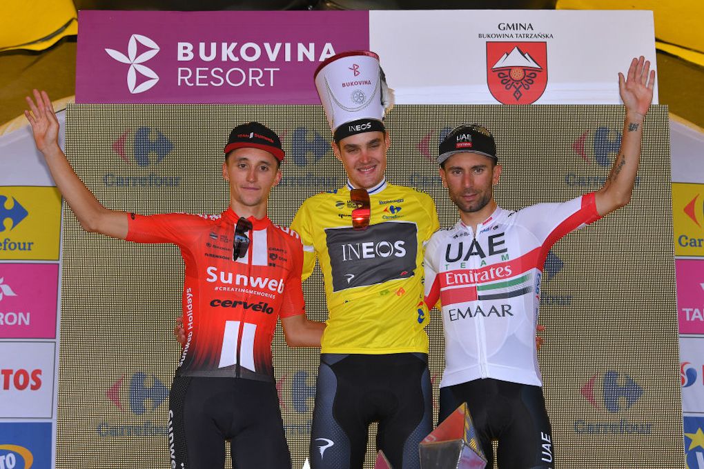 Jai Hindley, Pavel Sivakov and Diego Ulissi on the final Tour de Pologne overall podium