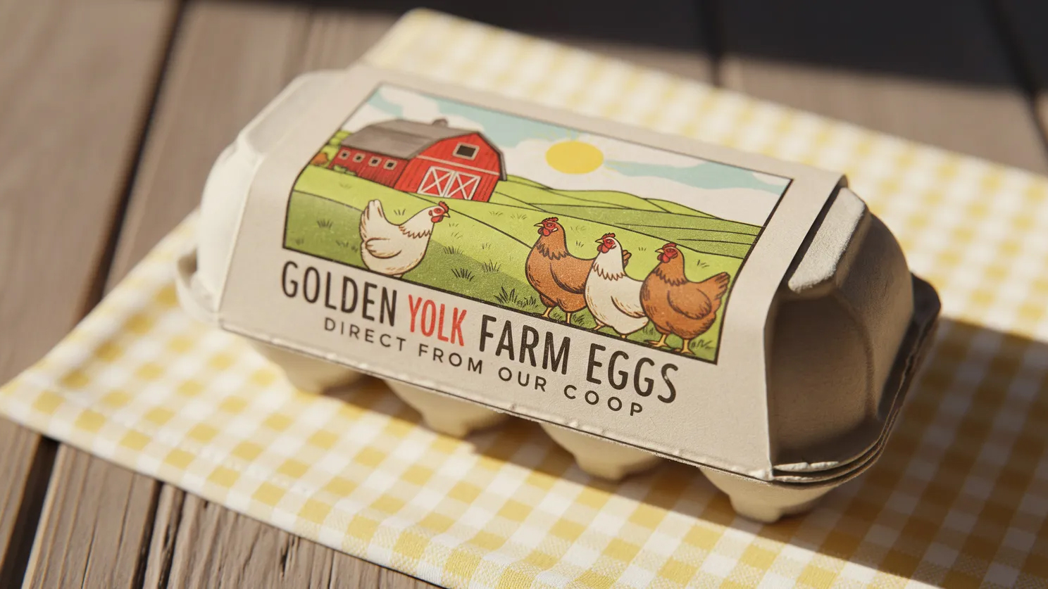 An AI-generated image of a carton of eggs on a table with the words "Golden Yolk Farm Eggs"