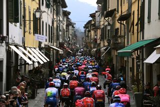 CAMAIORE ITALY MARCH 07 A general view of the peloton passing through a Camaiore village prior to the 58th TirrenoAdriatico 2023 Stage 2 a 210km stage from Camaiore to Follonica TirrenoAdriatico on March 07 2023 in Camaiore Italy Photo by Tim de WaeleGetty Images