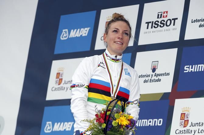 Pauline Ferrand-Prevot (France) stands on the podium
