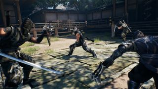 Promotional screenshot of Ryu Hayabusa fighting ninjas in Ninja Gaiden 2 Black